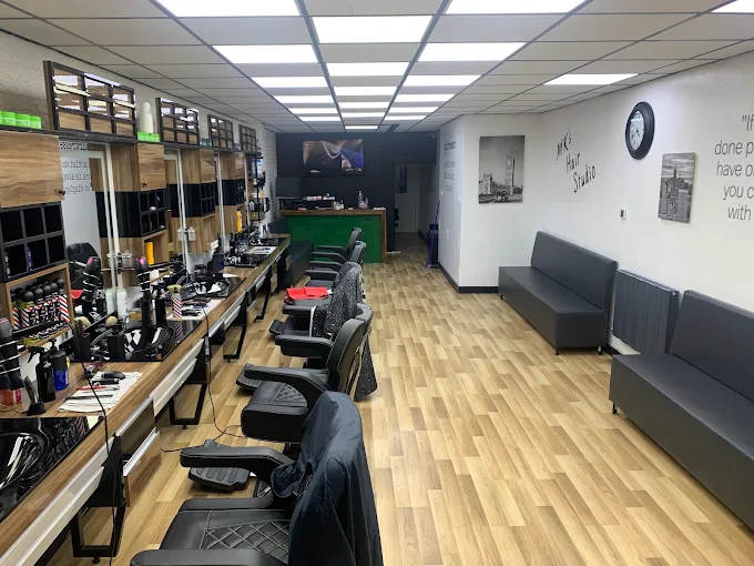 Inside MK’S Hair Studio: chairs, mirrors and waiting sofas